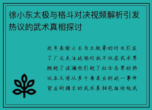 徐小东太极与格斗对决视频解析引发热议的武术真相探讨