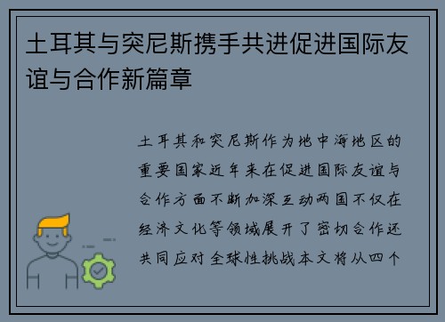 土耳其与突尼斯携手共进促进国际友谊与合作新篇章